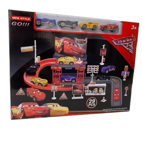 Lightning McQueen Style Racing Track & Parking Garage Car Set (29 Pcs)