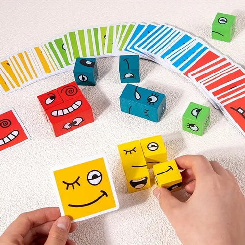 Face Change Cube Game - Wooden Expression Matching Puzzle for Kids