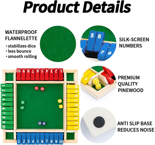 Shut The Box Dice Game – Wooden Family Math Board Game for 2–4 Players
