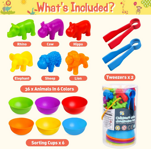 Animal Counting & Color Sorting Matching Game with Rainbow Bowls