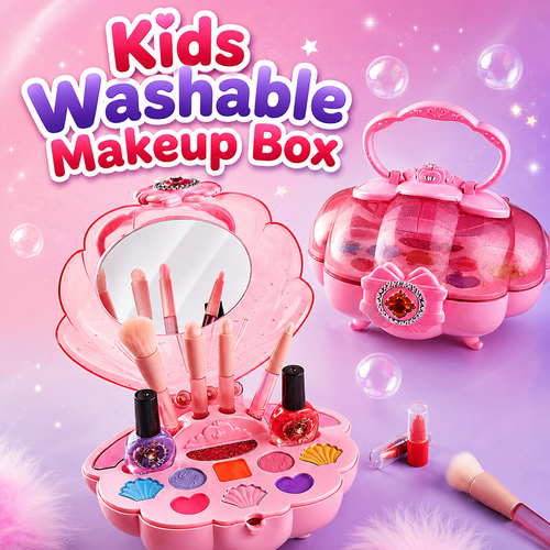 Kids Washable Makeup Box Set with Mirror – Non-Toxic Beauty Kit