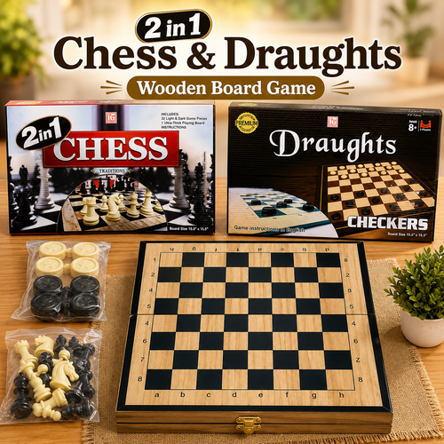 2-in-1 Chess & Draughts Wooden Board Game Set