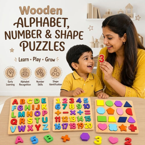 Early Learning Wooden Stencil Boards for Kids – Set of 3 (Alphabet, Numbers & Shapes)