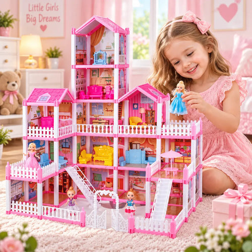 DIY Grand Villa Pink Dollhouse Playset for Kids