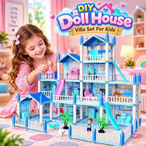 DIY Doll House Villa Set for Kids - Blue (4-Story, 14 Rooms)