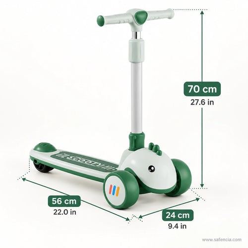 Baby Dino Kids Scooter with Light-Up Wheels & Music – Green