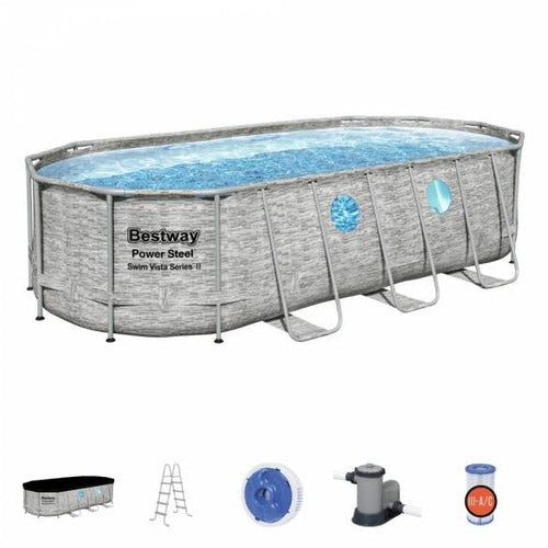 BESTWAY Power Steel Frame Pool with Window 18ft x 9ft x 4ft | Above Ground Family Pool