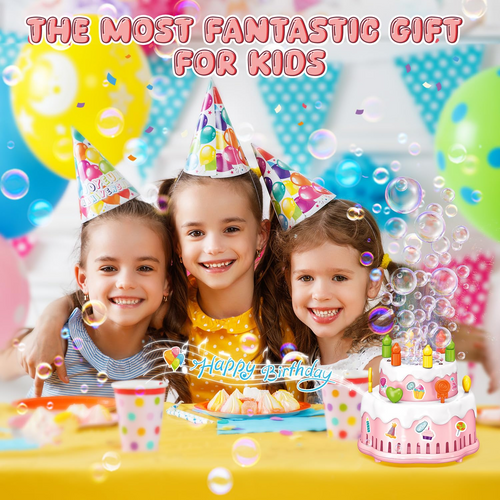 Cake Automatic Bubble Machine Toy with LED Lights & Music for Kids