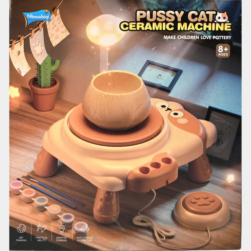 Cat-Themed USB Pottery Wheel Kit with Air-Dry Clay for Kids