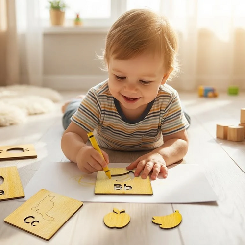 3-in-1 Wooden Urdu & English Alphabet with Numbers Stencils Set