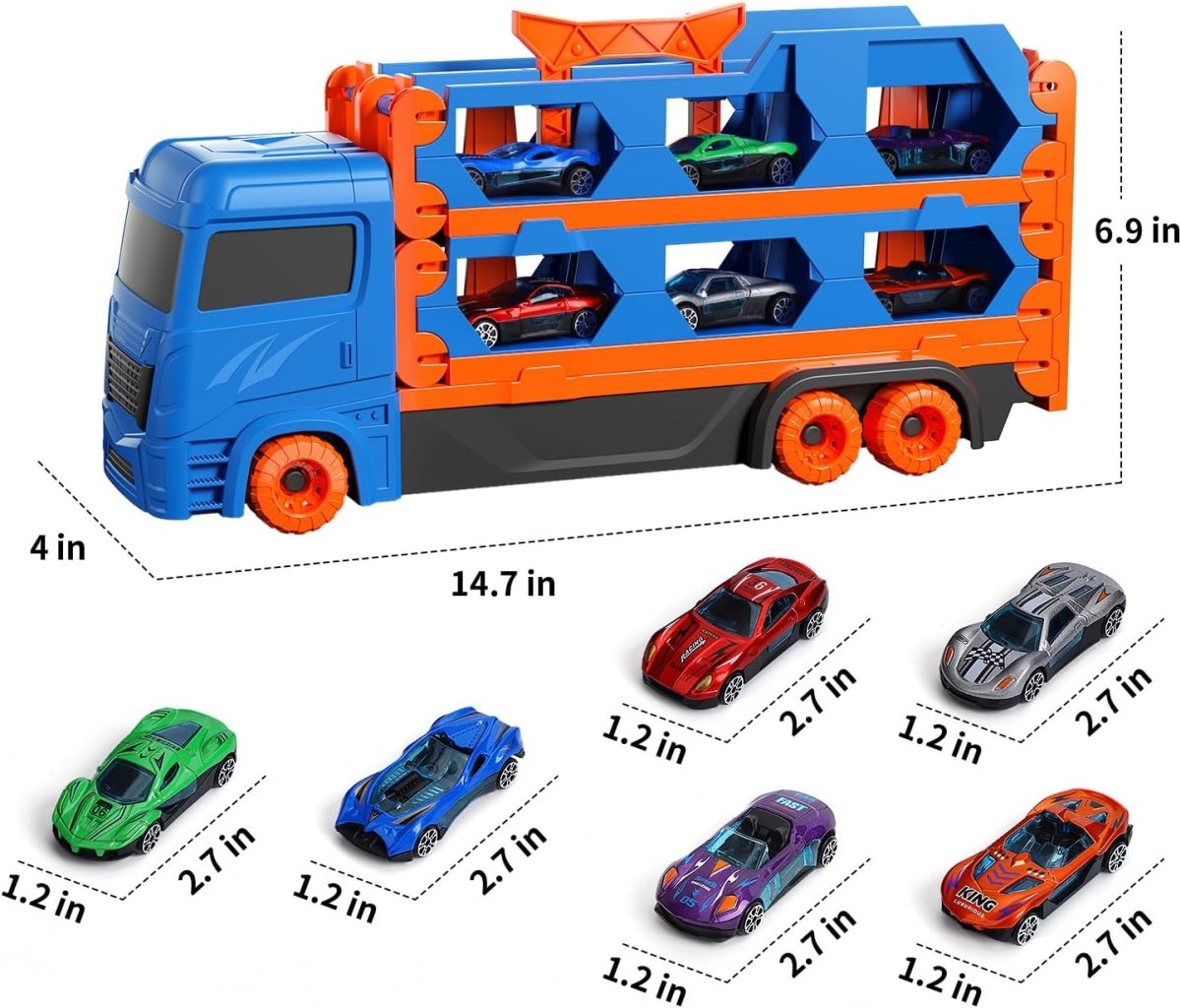 Transport truck with 6 toy cars loaded