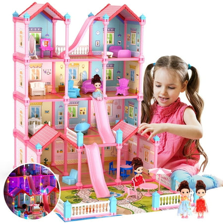 JoyStone 14-Room Doll House with LED Lights & 2 Dolls β Pink DIY Dollhouse for Girls