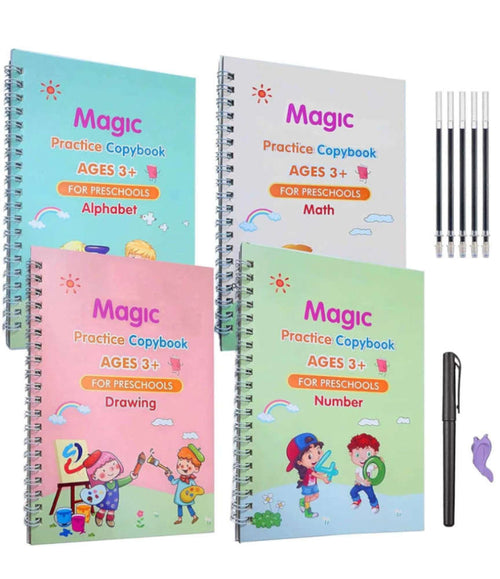 Magic Practice Copybook Set of 4 β Reusable Handwriting & Calligraphy Tracing Books for Kids