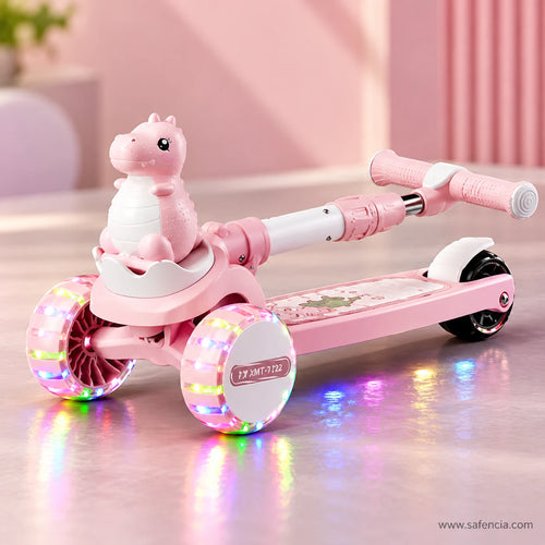 Pink Dinosaur Kids Scooter with LED Light-Up Wheels & Music