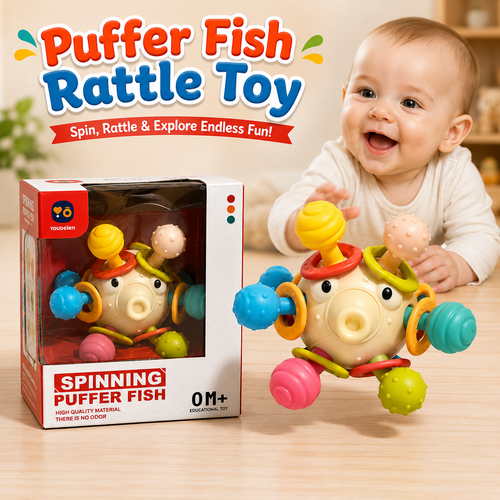 Spinning Puffer Fish Baby Rattle Teether Sensory Toy for Infants