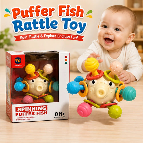 Spinning Puffer Fish Baby Rattle Teether Sensory Toy for Infants