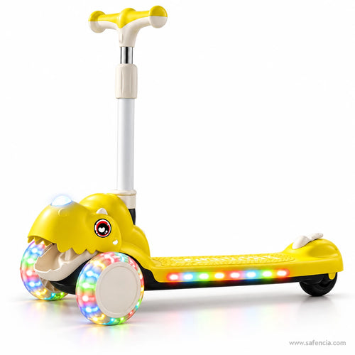 Yellow Dinosaur Kids Scooter with Light-Up Wheels & Music