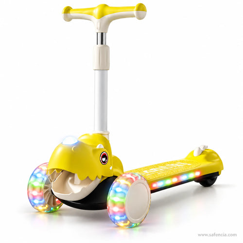 Yellow Dinosaur Kids Scooter with Light-Up Wheels & Music