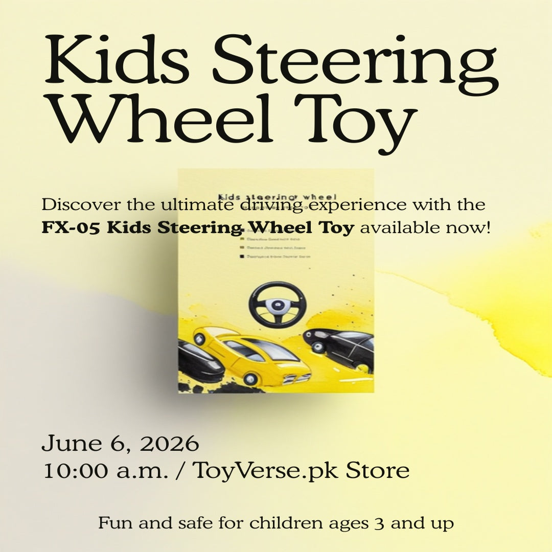 ToyVerse Kids Steering Wheel Toy FX-05 spec card - 360 rotation, music, LED lights, suction cup, ages 3 plus Pakistan