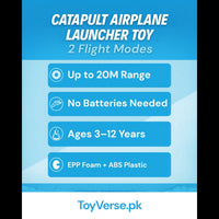 ToyVerse Catapult Airplane Launcher Toy spec card - 2 flight modes, 20m range, no batteries, ages 3-12