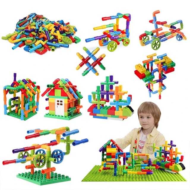 Interlocking water pipe building blocks toy with wheels for children