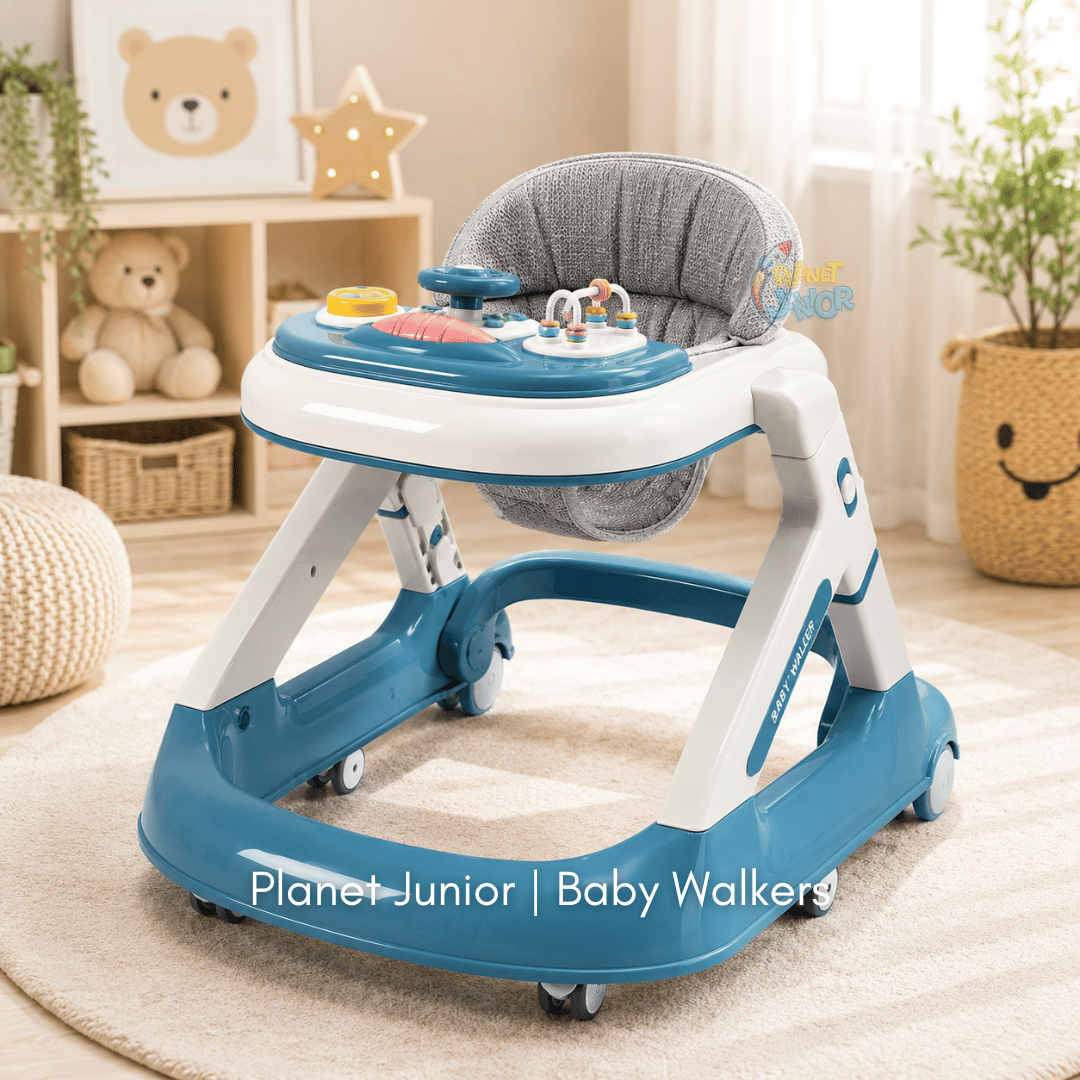 Height-Adjustable Foldable Baby Walker with Steering Wheel Activity Tray