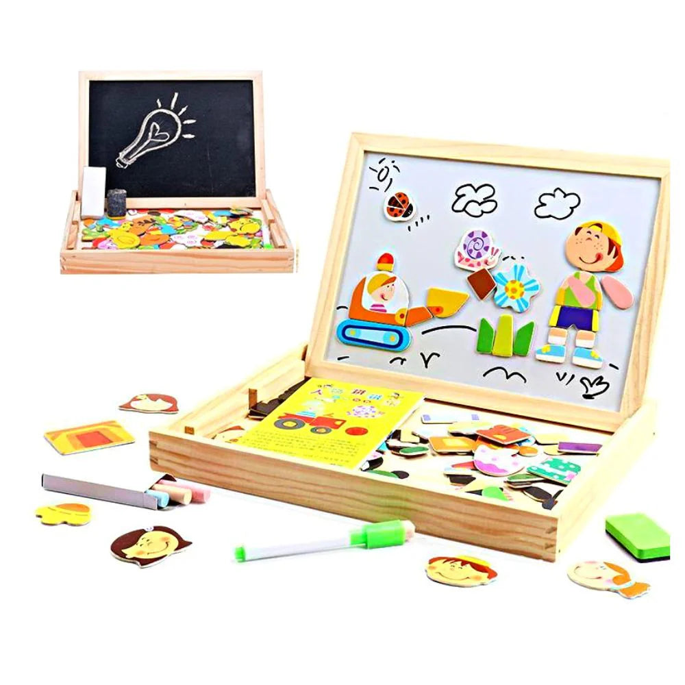 2-in-1 Magnetic Puzzle Drawing Board with Whiteboard & Chalkboard for Kids