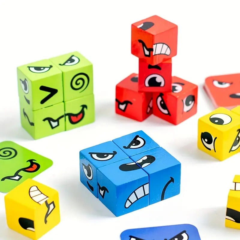 Face Change Cube Game - Wooden Expression Matching Puzzle for Kids