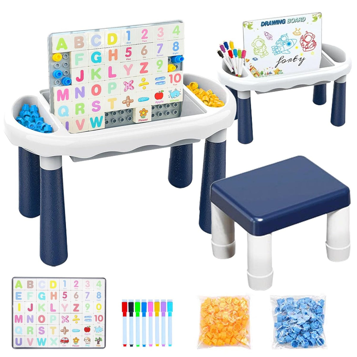 DIY Puzzle Activity Table with Magnetic Board & Stool for Kids