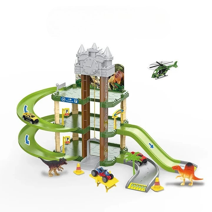 DIY Dinosaur Parking Lot Playset – 71 Pcs with Toy Cars