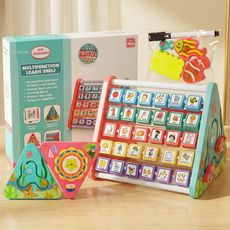 5-in-1 Multifunction Learning Shelf with Drawing Board & Alphabet Blocks