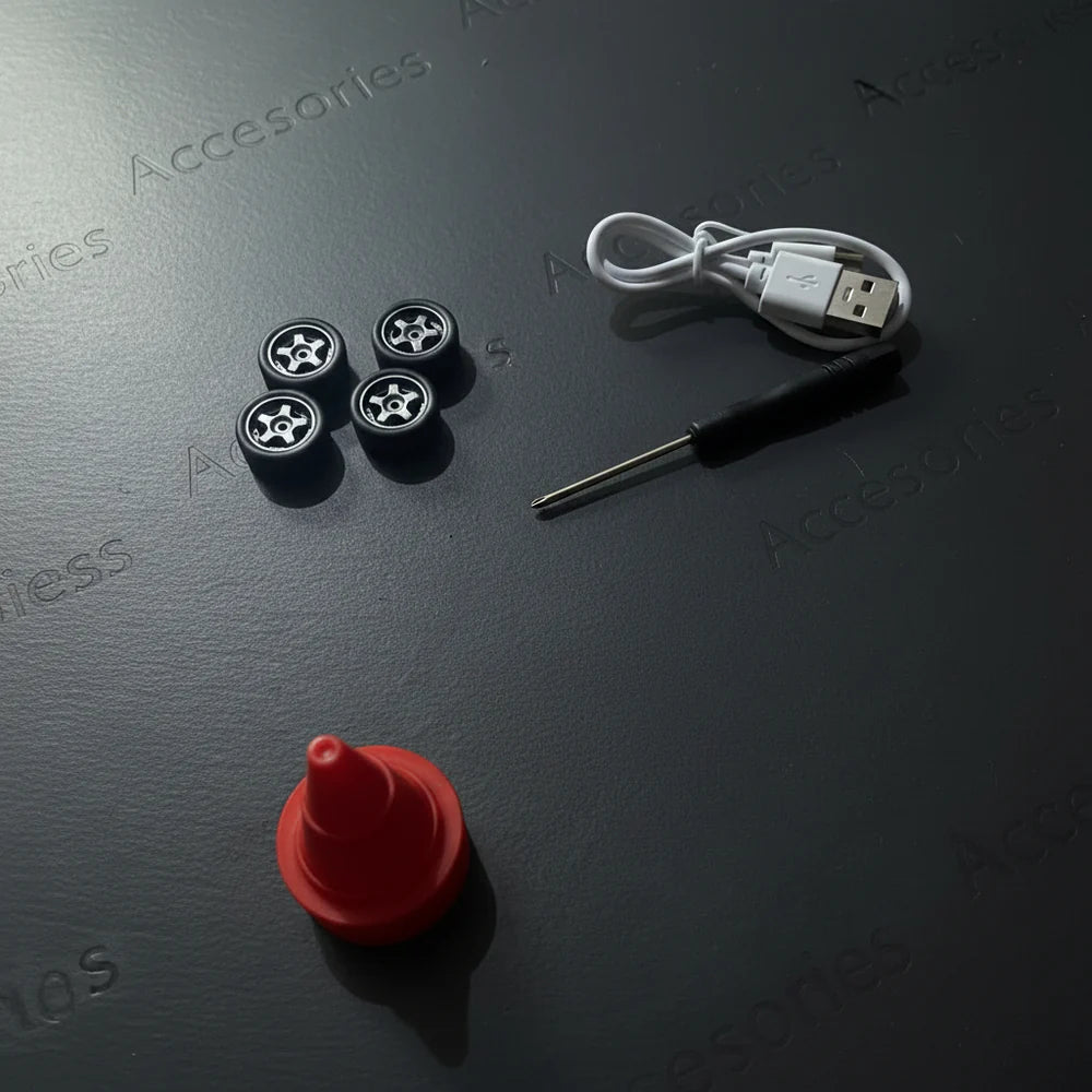 RC Drift Car accessories – spare wheels, USB charging cable and screwdriver