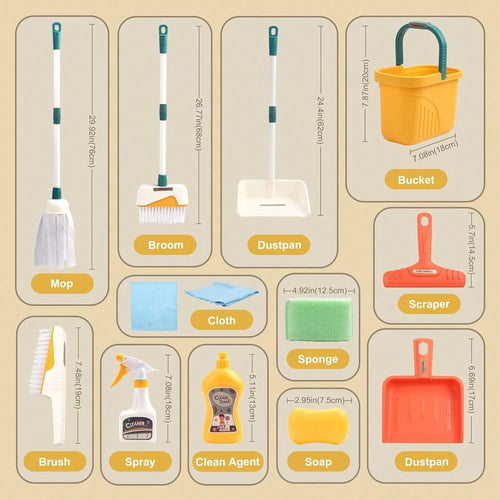 Cleaning kit toy pieces - broom, mop and dustpan