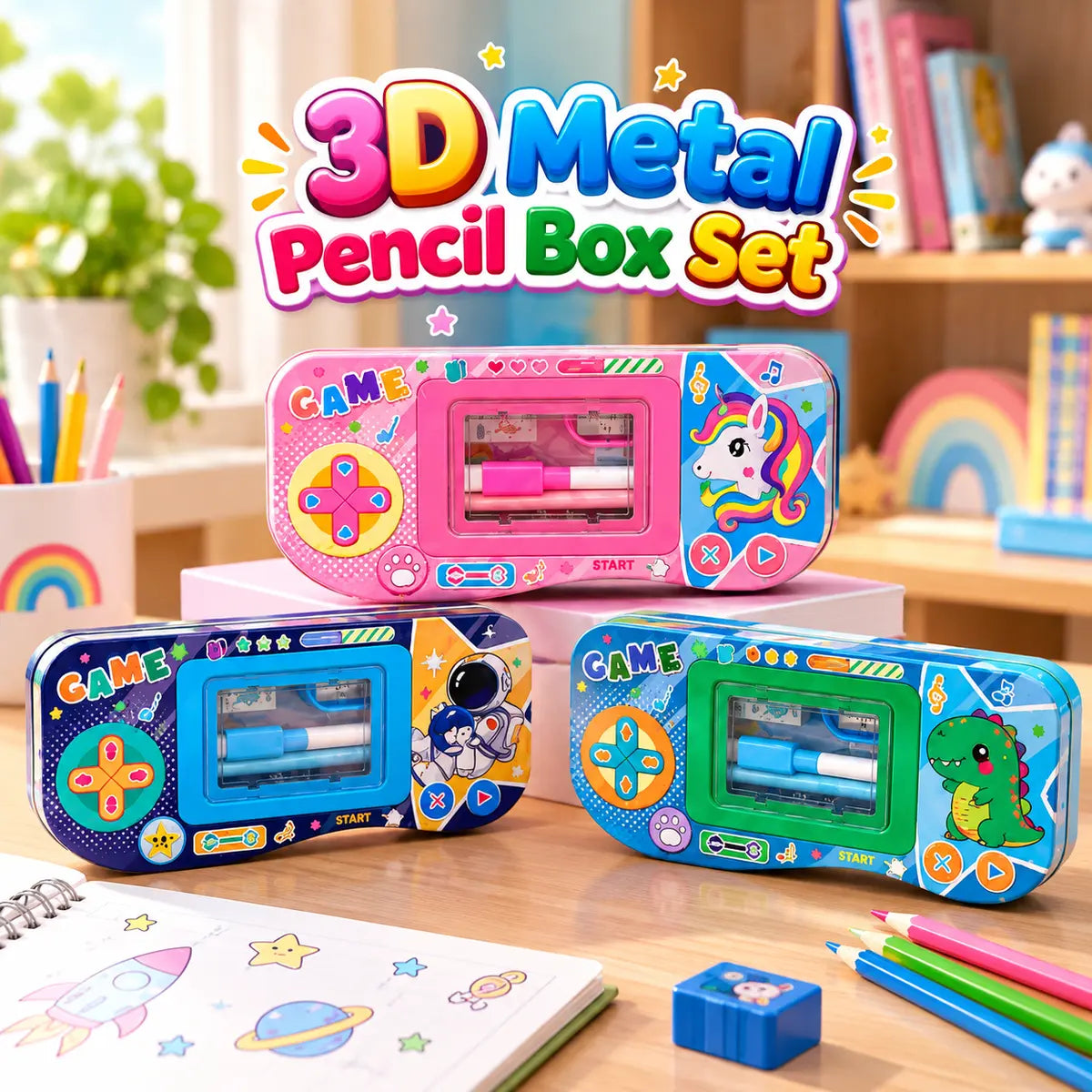 3D Metal Pencil Box for Kids – Dinosaur & Astronaut Design