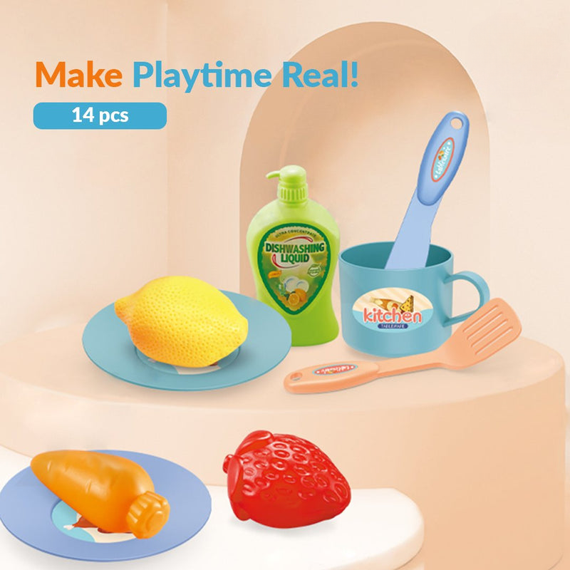 Electric kitchen sink toy set with colorful toy fruits