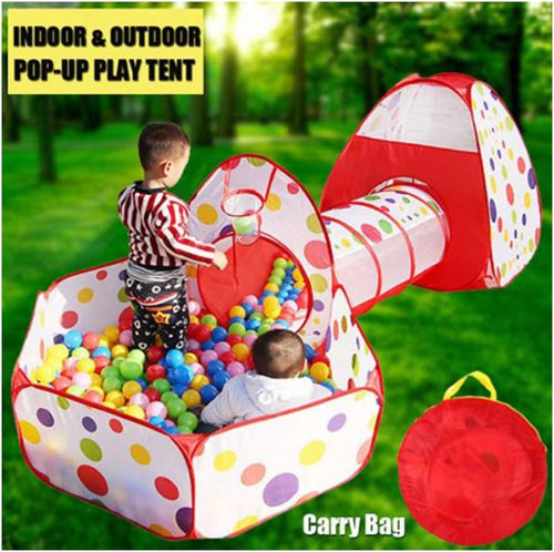 3-in-1 Tunnel Tent House Red - kids playing inside tunnel