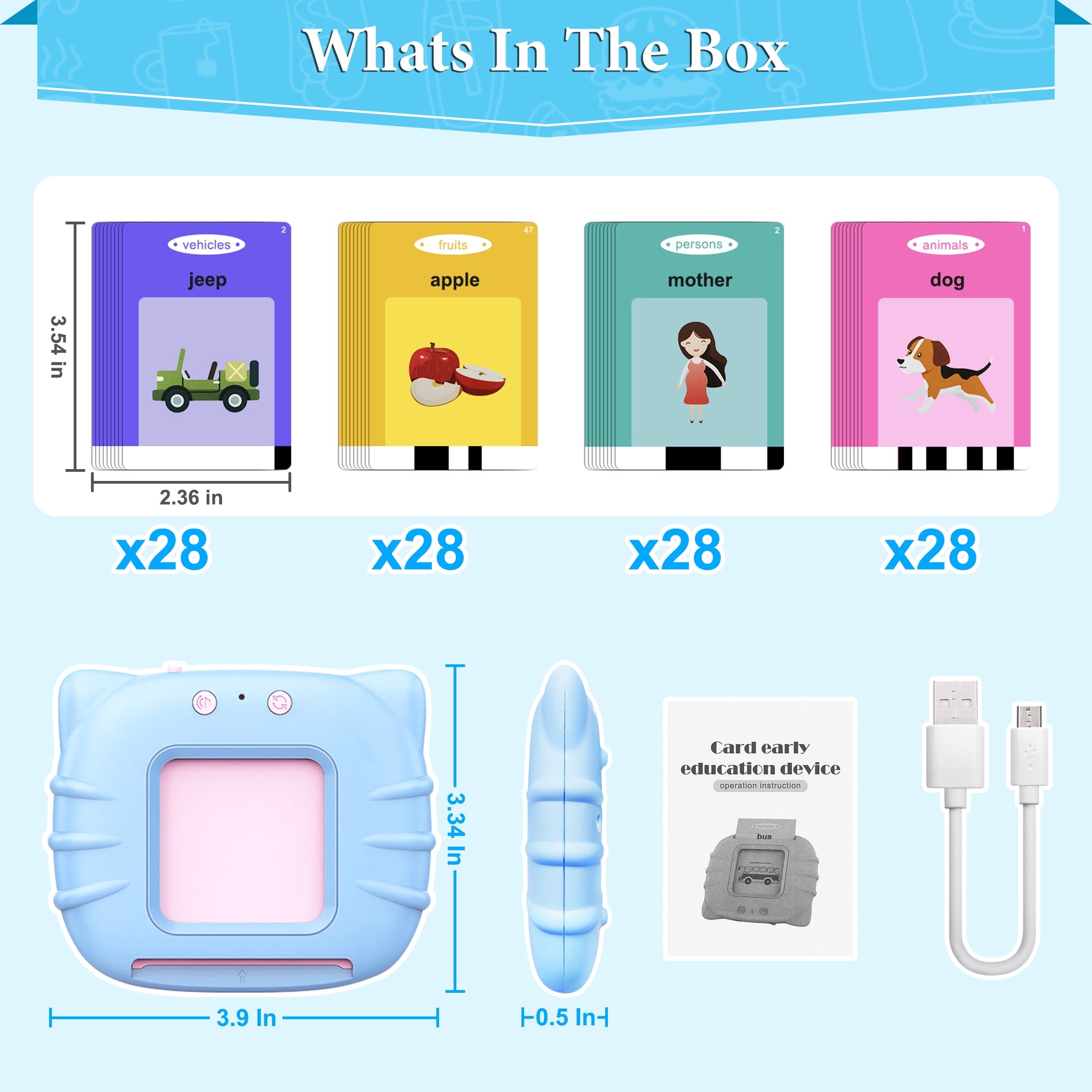 Flash cards learning machine blue color USB rechargeable screen-free toy