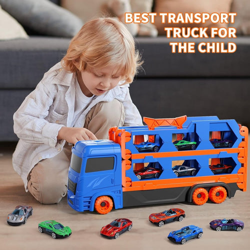 Transport truck playset unfolded with race track and cars
