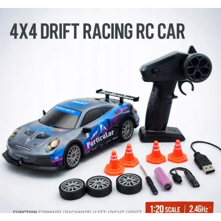 MaxRC 4WD RC Drift Car in blue with remote control, traffic cones, extra tyres, battery and USB charging cable
