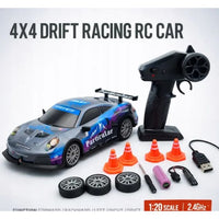 MaxRC 4WD RC Drift Car in blue with remote control, traffic cones, extra tyres, battery and USB charging cable