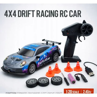 MaxRC 4WD RC Drift Car in blue with remote control, traffic cones, extra tyres, battery and USB charging cable