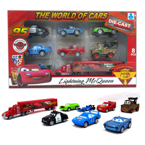 8-piece alloy metal pull-back cars set with Lightning McQueen trailer truck – ToyVerse Pakistan