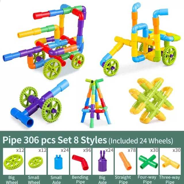 Kids assemble colorful tube pipe construction building set robot car