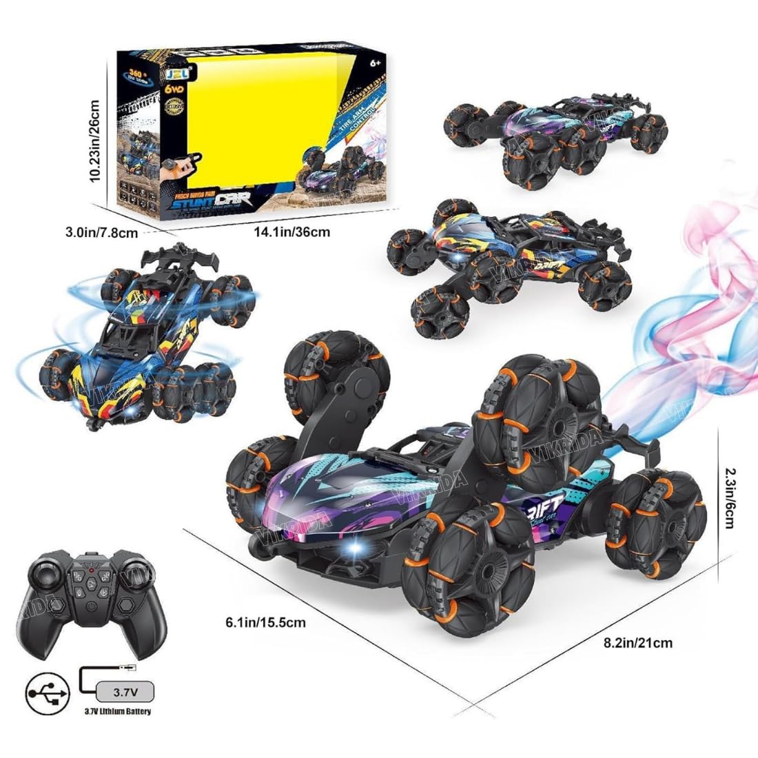 Remote control drift car with glowing LED lights – overhead view