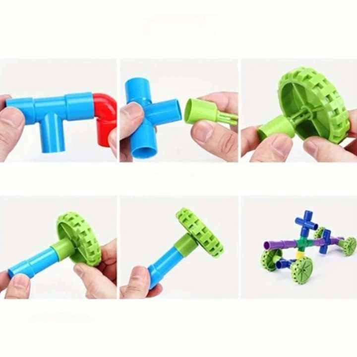Pipe building blocks set with rolling wheels and connector joints