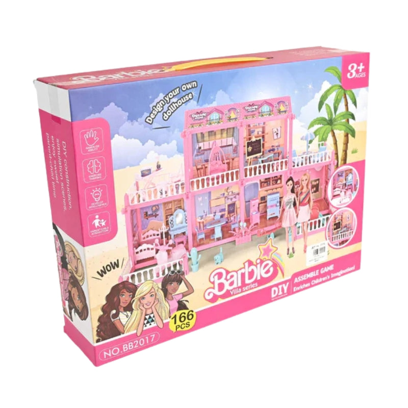 166 pcs Barbie doll house complete DIY villa set front view