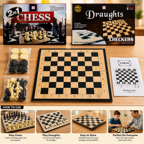 2-in-1 Chess & Draughts Wooden Board Game Set – chess board open
