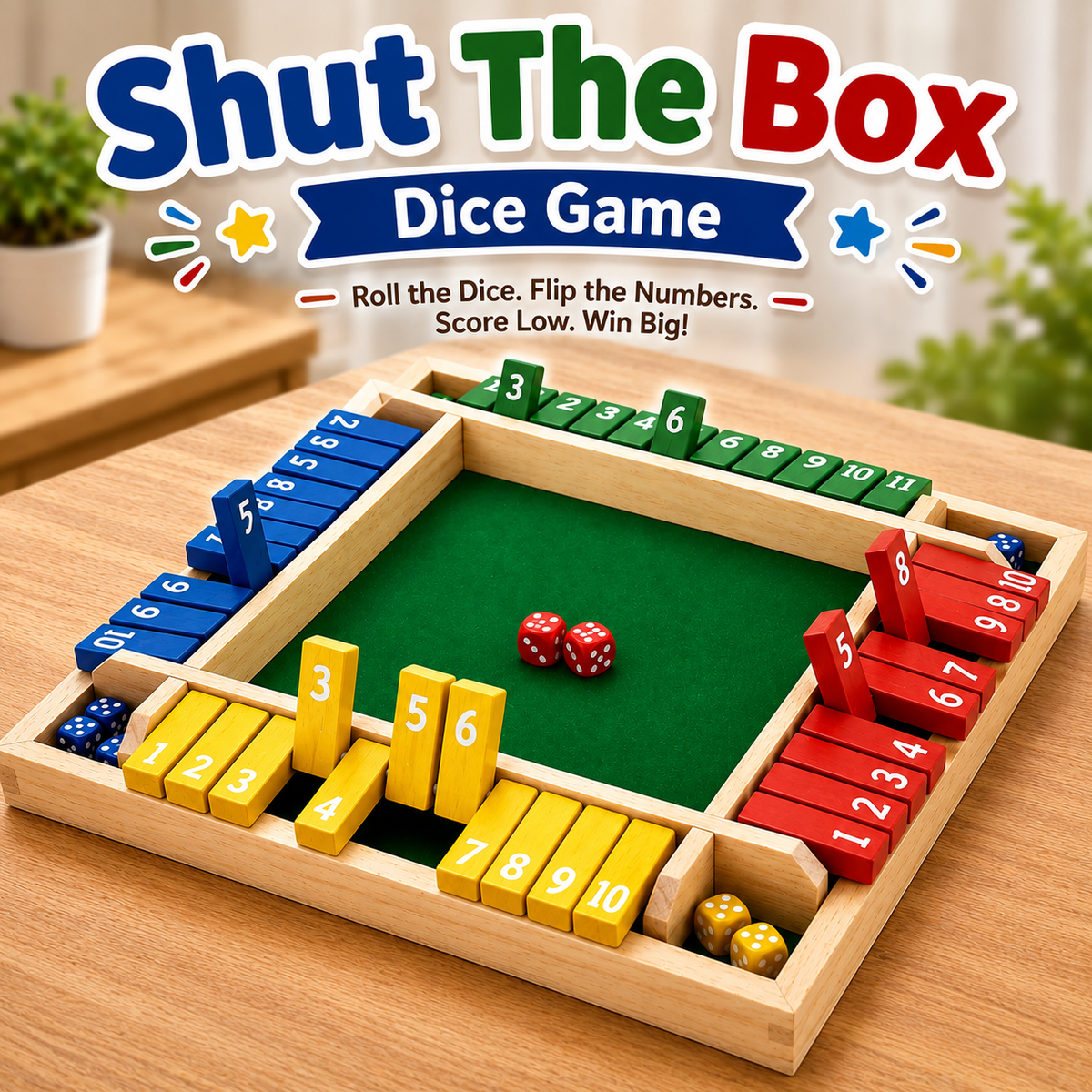 Shut The Box Dice Game – Wooden Family Math Board Game for 2–4 Players