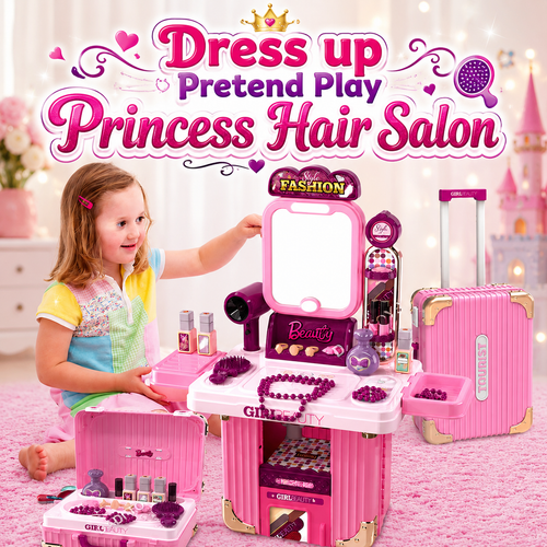 Princess Hair Salon Playset for Kids – 3-in-1 Suitcase with Light & Sound