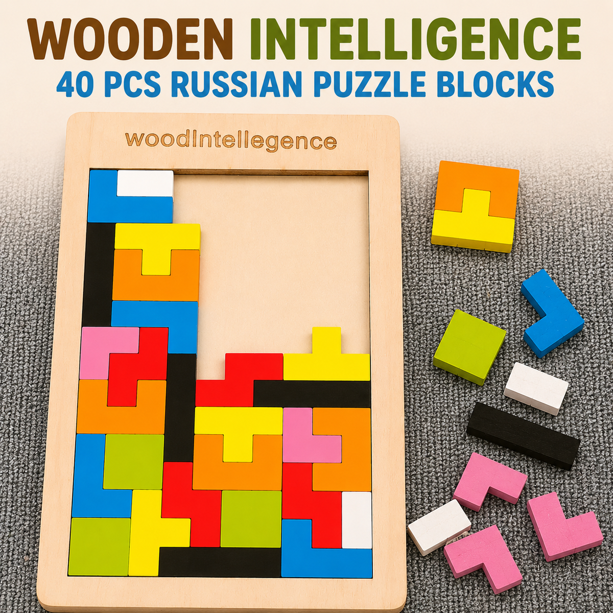 Wooden Intelligence 40 Pcs Russian Puzzle Blocks (Tangram Style)